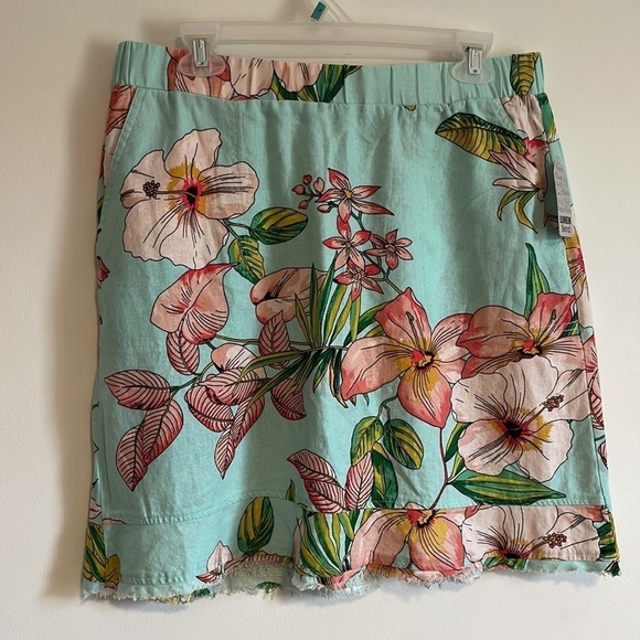 NWT Tropical Linen Blend Skirt For Cynthia Large Blue Floral Botanical Pink - Picture 4 of 15